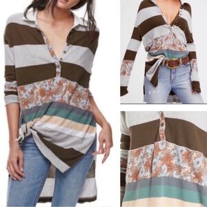 Free People Brown and Gray Long Sleeve Button Down Shirt